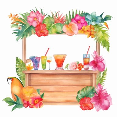 Create a watercolor tiki bar clipart adorned with vibrant tropical flowers and lush foliage, with colorful drinks displayed on the counter on a white background. This festive design can be used to embellish various clipart elements or as a standalone element for party or beach-themed projects.