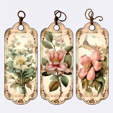 victorian number tags, clipart, isolated, with boquet of magnolia flower and delicate vines