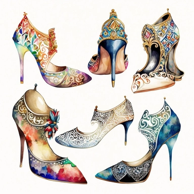 Gorgeous beautiful arabian women shoes, white background, watercolor, hyperrealism, high detail, separate elements, set, clipart
