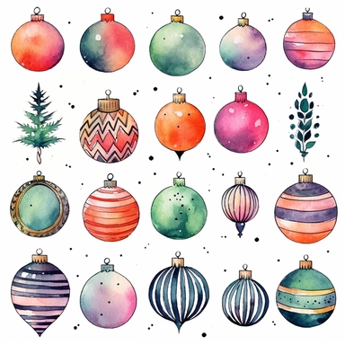 Watercolor line art, little squares filled with doodly patterns of  xmas ,ornaments and decorations , illustrations clipart set, simple, christmas colors , cartoon elements, different variants , stocking, bubble ornaments, xmas wreath, modern art, separate elements with a margin