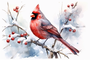 beautiful cardinal bird, snowy Christmas scene, watercolor clipart