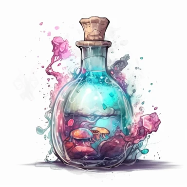 magical potion bottle, magical and mystical, video game style, clean and crisp, clipart, illustration, alchemical, smoke and embelishments, wizards potions, isolated on white background