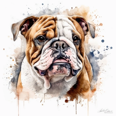 cute English Bulldog dog portrait, full face, centered shot, side shot, dynamically posed, in action, playful mood, happy mood, playing mood, cute face, adorable smile, childlike eyes, clean watercolor illustration, white background, nursery baby imagery,