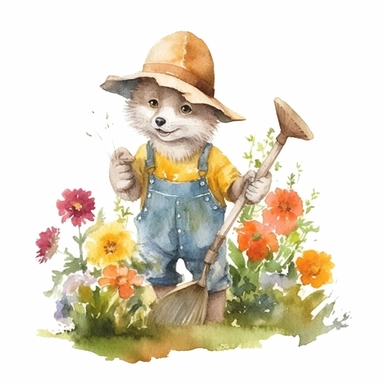 a charming watercolor clipart image with a white background, featuring a friendly cute cartoon wolf gardener tending to a patch of wildflowers, showcasing the harmonious coexistence between nature and wildlife.