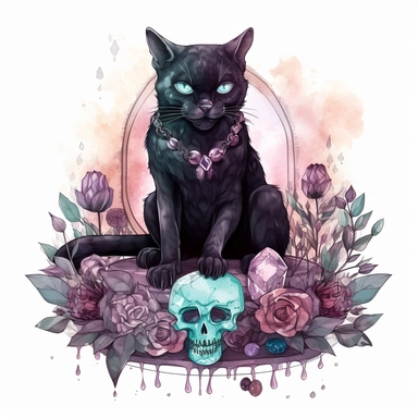 hand drawn black cat, sitting with front paw resting on a skull, flowers and crystals, shades of burgundy purple and teal, romantic and edgy, very detailed and realistic, watercolor, clipart style