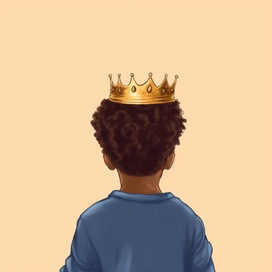 brown-skinned boy wearing navy blue shirt, with a gold crown, afro hair, backview, soft illustration, minimalist art, clipart, faceless