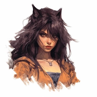 beautiful stunning pretty vintage werewolf female character, paint art style, clipart, white background, superrealistic, one of a kind