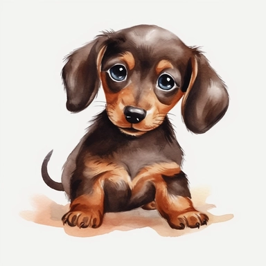 Cute dark brown baby Dachshund clipart ,happy expression, running pose, FLUFFY FUR,side view, in the style of watercolor cartoon clipart, kate greenaway style, high resolution, composition free space, vibrant color scheme, watercolour clipart,isolated white background, clipart most popular on etsy, book illustration, featured on dribble,print on demand image, PNG tranparent background,composition medium shot, no text