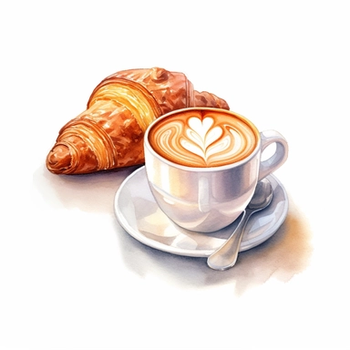 Isometric illumination of commercial shot of ultra - realistic watercolor painting of a really delicious coffee with croissant, latte art heart clipart, good looking food, delicious, yummy, foodie, healthy, white background no text, isolated on white, watercolor illustration, award winning, strong and sharp lines, upscale