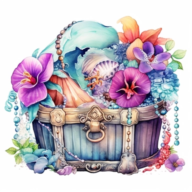 clipart, isolated on white background, Watercolor spring ornated treasure chest with jewelry on the beach, sea animals, detailed, flowers, ornated, pastel colors
