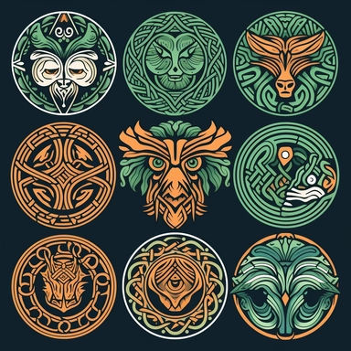 Generate a collection of lifelike clipart images featuring Celtic mythology and folklore symbols. Use a digital medium to create detailed illustrations that capture the essence of these ancient legends. Incorporate iconic symbols such as the Celtic knot, triskele, and Claddagh ring, paying attention to intricate patterns and precise linework. Utilize a vibrant color palette inspired by nature and Celtic artistry to bring these symbols to life.