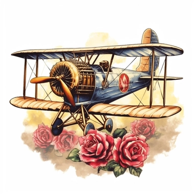 watercolor vintage biplane drawing, flowers, roses, butterflies, plane, in the style of uhd image, hand-painted details, guido van helten, elena paraskeva, porcelain, thomas kinkade, charming character illustrations Clipart desert cartoon t-shirt graphic, vector,contour, isolated on a white background