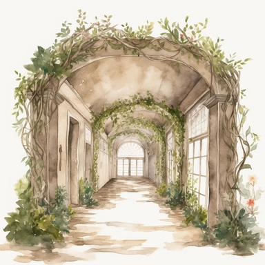 watercolor overgrown castle hallway clipart, no background, greenery
