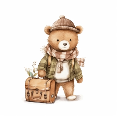 Boho teddy bear clipart for a nursery, light brown tone for a boy, holding a travel bag, solid white background