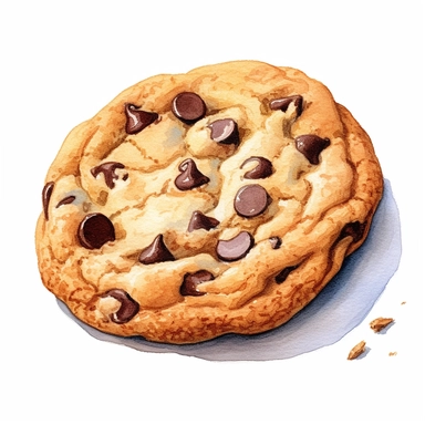 watercolor, hyper realistic, white background, white margins, 16k, ultra detailed clipart, cut out image, hand-drawn a chocolate chip cookie, with shades of brown and beige,children's book illustrations, soft watercolours, pictorial fabrics, light color