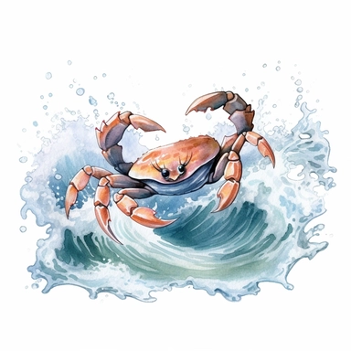 Watercolor hand-drawn crab illustration - jumping up from the foamy ocean wave, playful, happy mammal. Character, logo, children wallpaper, doodle, cartoon. Marine clip art. Ocean, sea inhabitant. White Background