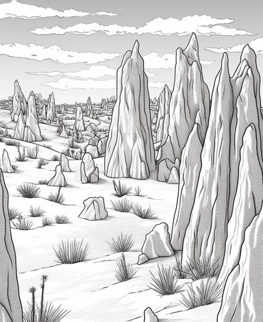 coloring page for adults, nambung national park, pinnacles, australia, clipart style, no shades, only white