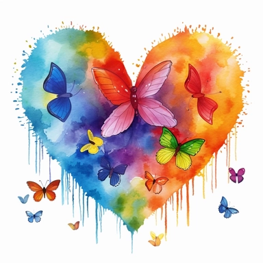 Cute Beautiful rainbow Heart And Butterflies Watercolor Sublimation Clipart,Cartoon, hyper realistic, intricate detail, illustration style,high solution,on the white background