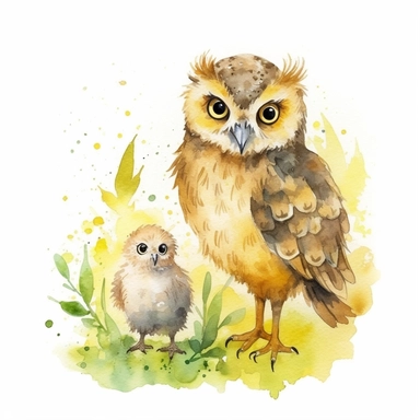 In the enchanting watercolor world, a wise owl stands next to a charming yellow duckling. Painted with soft, blended watercolor strokes, the owl and duckling exude a sense of warmth and companionship. The owl, with its piercing eyes and majestic presence, gazes fondly at the duckling. The duckling showcases lifelike features, with soft yellow feathers and light gray wing tips, creating a realistic and endearing appearance. Both characters have delightful clipart-style edges, adding a touch of wh