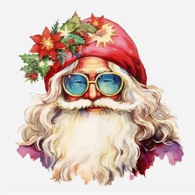 Vintage 1970s Hippie Santa Claus, watercolor clipart