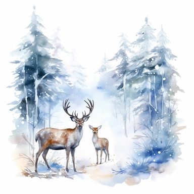 watercolor winter wonderland illustration clipart, with christmas trees and snow, a stag deer with a deer cub, on a white background