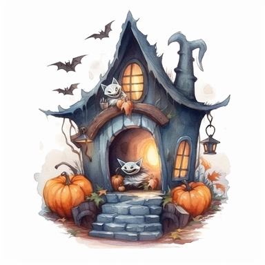 night fairy house with ghoul, jack-o-lantern and bat, hyperrealistic detailed watercolor pencil and oil illustration, neatly drawn illustration with attention to details, clipart on white background, professional color gradation, clean sharpness
