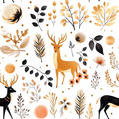 Draw a watercolor-style clip art images that feature objects related to an aesthetic adorned with floral designs. The images should have aesthetic, and should incorporate elements such as watercolor [gold] whimsical and cute illustration in watercolor of a cute deer with black ornaments on the body, in a Scandinavian folk art style with botanical and swirl motifs. light pink gold colors Traditional with a modern twist watercoloritem collection, isolated on a white background, gourmet, classy, si
