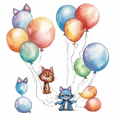flying cat tied to a balloon clipart, balloons lined up side by side clipart , party balloons clipart, birthday party centerpiece, watercolor clipart