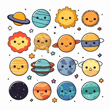 Solar system clipart perfect clean lines, planets vector graphics, Space clipart, high quality kawaii png clip art on a white background