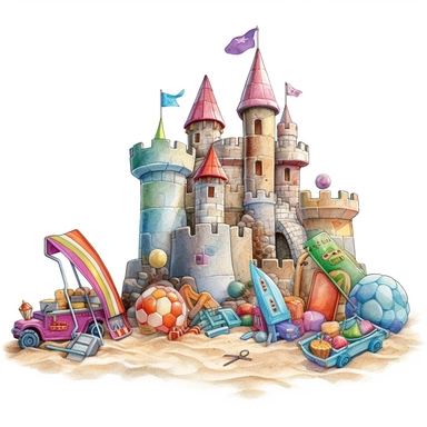 Highly Detailed image of watercolor style clip art style staged sand castles with beach toys and additional accessories on a white background