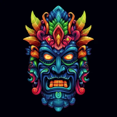 samurai jeweled tiki, clipart, neon on black background, vector