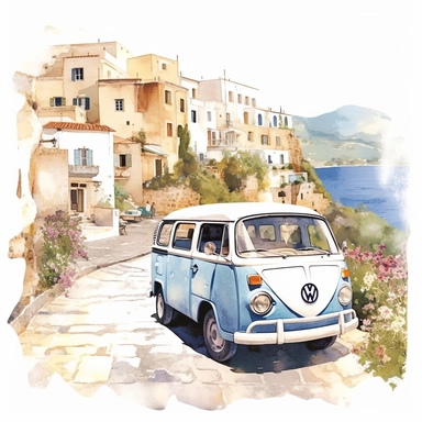 watercolor romantic greecland style volkswagen bus clipart Corfu, with a greece village in the background and the car is on a cobblestone road, the background is emphasized, realistic greek view, clipart, white background