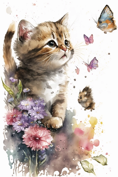 Adorable chaton jouant avec papillon et fleurs : Clipart aquarelle,réalisé félin mignon, utilisation commerciale, 300 DPI, Art mural, fabrication de cartes,