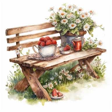watercolor, hyper realistic, white background, white margins, 16k, ultra detailed clipart, cut out image, hand-drawn, whimsical, sticker style a cozy garden space with a wooden bench, a coffee table, and a rug on the grass. A pot of tea and a bowl of strawberries sit on the table, and a vase of flowers decorates the bench. The color theme is warm oranges and browns, with green foliage and pink flowers.
