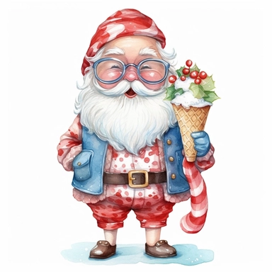 santa summer smile and cute big eyes wear big glasses full body , eat ice cream summer , cute funny laugh detailed digital art, whimsical and cute, cute detailed artwork, glimmering, adorable and whimsical, whimsical art, watercolor Clipart style