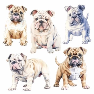 Line art, realistic watercolor, clipart collection, bulldog puppies in different pose, isolated on a white background