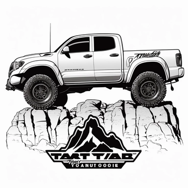 vector logo, 2010 Toyota Tacoma 4x4 truck rock crawling on top of giant granite boulders , side view, 4x4, monster truck wheels, flared fenders, Black and White Line art, white background, clipart