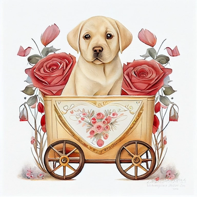 Cute Yellow Labrador Retriever Puppy valentine, heart wagon, blush tones, Lilla Rogers agency, watercolor, roses, cupid, fairytale, folkart, clipart, white background