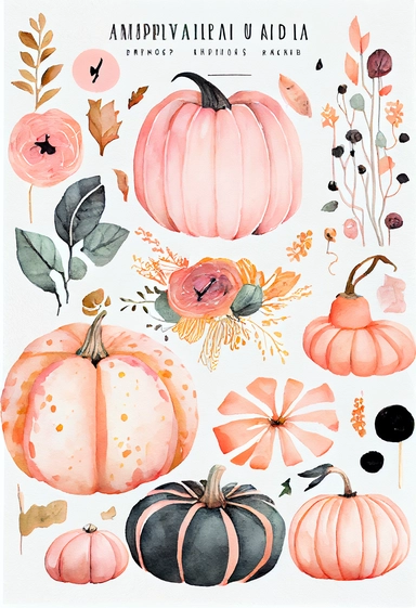 a pretty boho fun art collection on a white background with margins, pink orange and black Halloween pumpkins, watercolor, clipart,