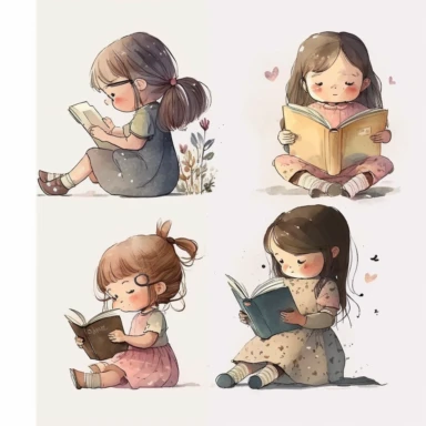 4 cute little girl reading book, hand drawing watercolor clipart, minimalist, isolated white background, 8k