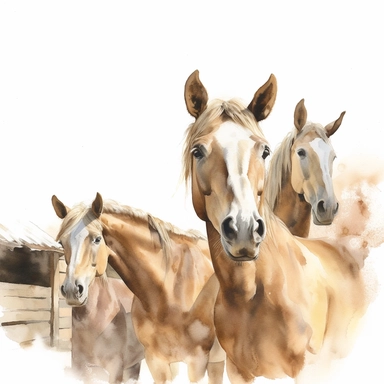 close up view of a. realistic watercolor drawing of horses on a charming farm in France, on a white background where the background will be removed to repurpose as a clipart.