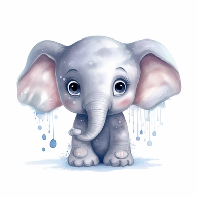 cartoon cute baby elephant, vector free clipart illustration, in the style of unreal engine 5, watercolor texture, 32k uhd, detailed facial features, white background
