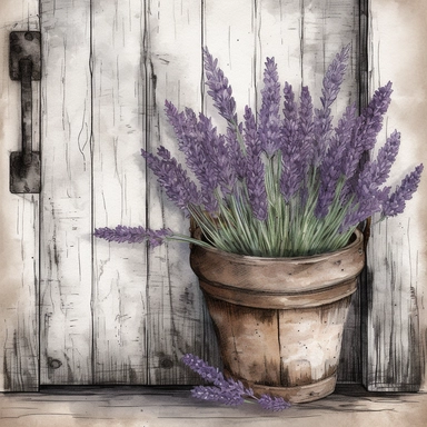 Create a beautiful watercolor clipart illustration of a dried bunch of a French lavender. potted plant against a rustic farm door. The composition should be set against an isolated white background, with a bright and airy feel. Focus on capturing intricate details such as the delicate petals of the lavender. Use a loose and fluid watercolor technique to create a sense of movement and lightness. Experiment with the use of negative space to create a sense of depth and perspective. Consider adding 