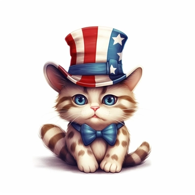 american flag day, clipart, a beautiful cartoonic cat wearing american hat, bow, beautiful, realistic, cute, white background