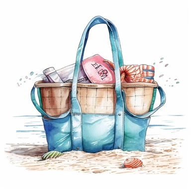 Solid white background, Detailed watercolor beach bag clipart