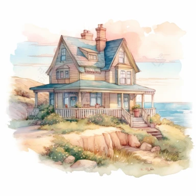 illustration of a beach house with the ocean view on a sunny day, by Beatrix Potter, Sublimation graphics, watercolor clipart, pastel colors, single design, 8k, print on demand image, PNG transparent background