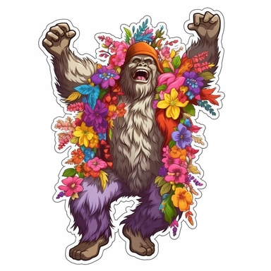 partying fun sasquatch, big foot Sticker,realistic, clipart, featuring colorful arrangements of flowers and foliage. The clipart should have a touch of prairiecore and be in the style of hyper-realistic animal illustrations with a white background.Ecstatic, Bright Colors, Contour, Vector, White Background
