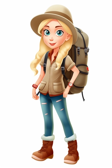 pretty mom straight blonde hair in a camping outfit, cartoon style, clipart, white background, transparent background