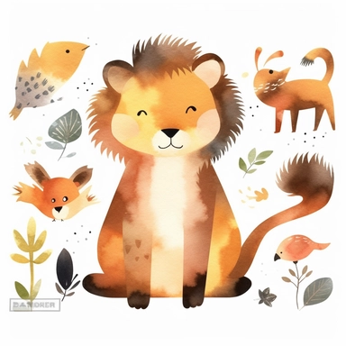simplified single lion clipart, simple shapes, no lines, no outlines, clipart most popular on etsy, featured on dribble, cartoon animals clipart, minimalist, computer vector graphic design clip art, watercolor illustration clipart, watercolour clipart, watercolor illustration for kids and children, book illustration, print on demand image, PNG transparent background