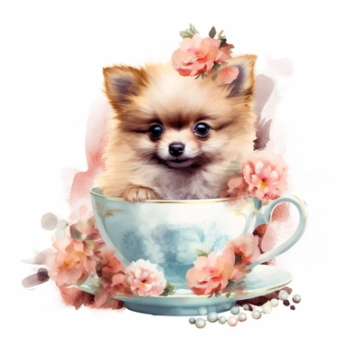 ink color illustration of a cute pomeranian puppy sitting in a teacup, watercolor floral elements and pearls, clipart white background 8k